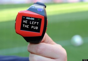 A FIFA officer displays a watch displaying "goal" during a demonstration of new goal-line technology by Hawk-Eye Innovations at Toyota Stadium in Toyota, Aichi prefecture on December 8, 2012 which is being used in the 2012 Club World Cup tournament in Japan. Hawkeye, which is familiar from tennis and cricket and uses cameras to track a ball's position and trajectory, will be tested at the competitions in Toyota.  The ninth edition of the FIFA Club World Cup football tournament is taking place from December 6 to 16.    AFP PHOTO / TOSHIFUMI KITAMURA        (Photo credit should read TOSHIFUMI KITAMURA/AFP/Getty Images)